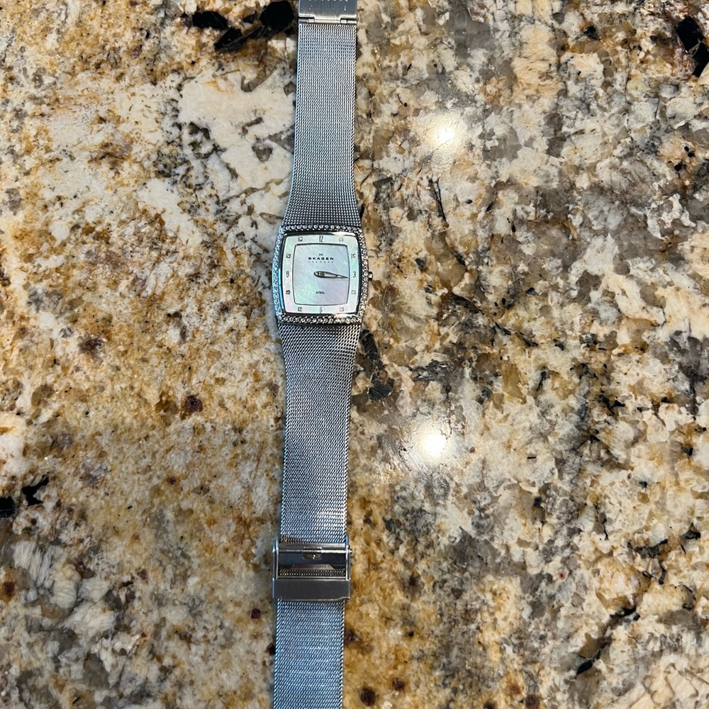 Skagen Denmark stainless steel and mother of pearl with cubic zirconia crystals.